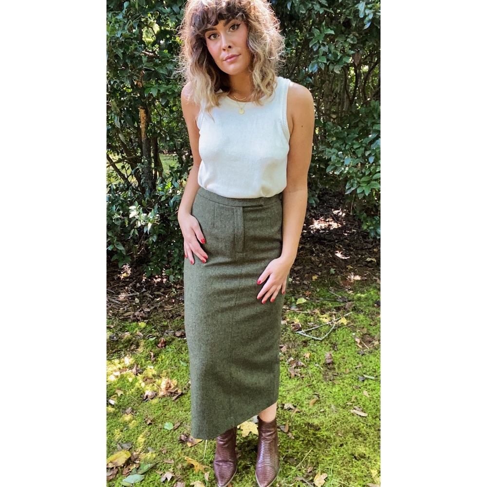 Vintage Wool Army Green Ralph Lauren Midi Skirt